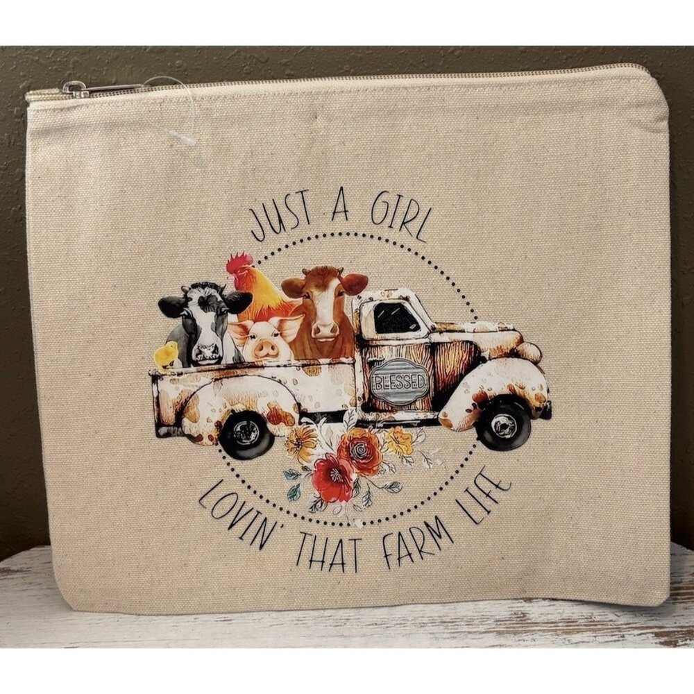 Girl Lovin' Farm Life Large Makeup Bag NWOT With DTF Print 9x11"